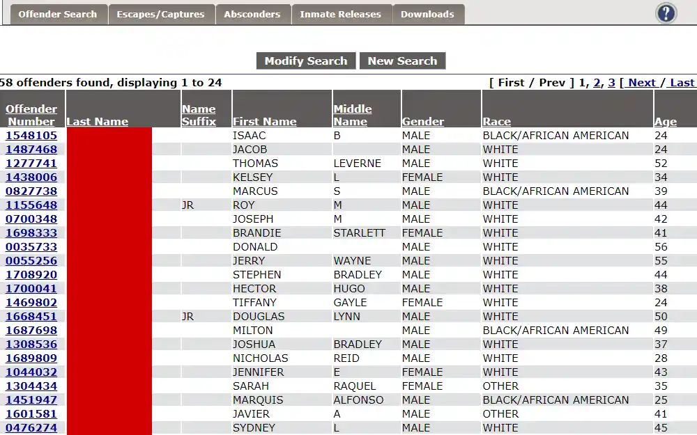 A screenshot of the list of offenders from the North Carolina Department of Adult Correction page search results with their offender number, full name, gender, race and age.