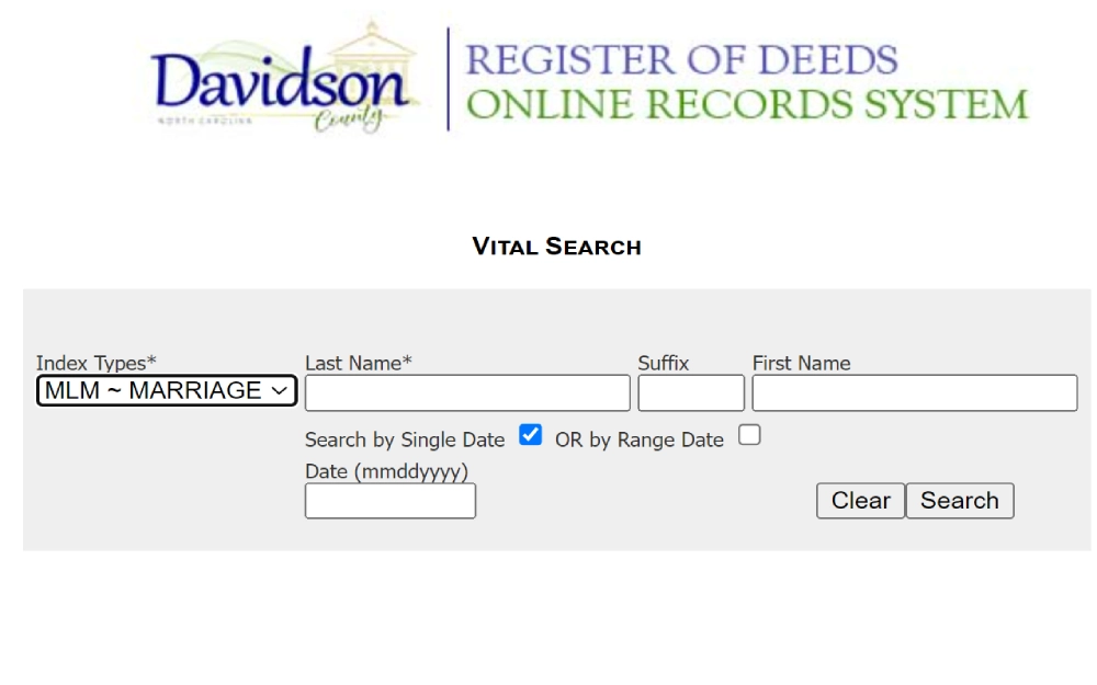 A screenshot of the search page to obtain a copy of marriage documents from the Davidson County Register of Deeds requires inputting the party name and date range; clear the search button at the bottom right corner.
