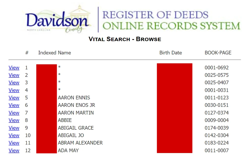 A screenshot of the list of birth documents on the Davidson County Register of Deeds website, including the subject's name, birth date, book page and a link to view more details. 