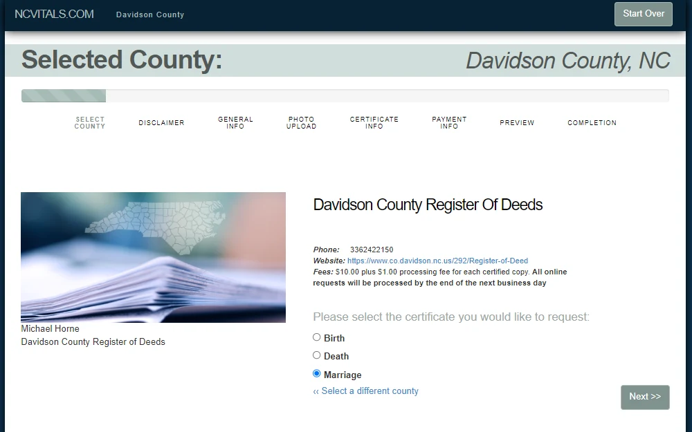 A screenshot of the Online Certificate Request page in Davidson County Register of Deeds allows the requester to choose the type of document they need to request as the first step; the office address and contact information are also provided, along with the corresponding fee. 