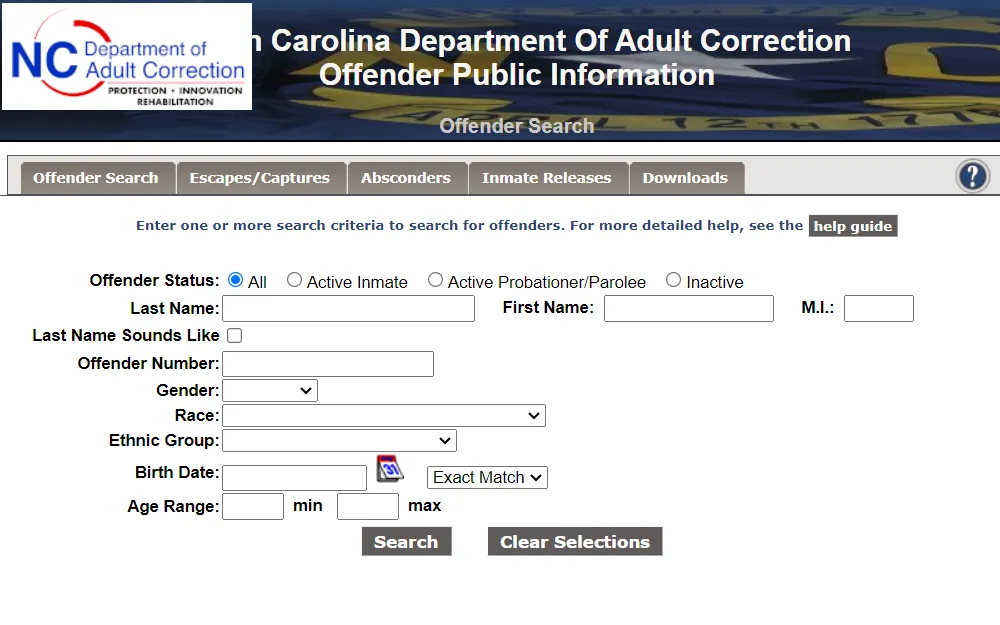 A screenshot of the Offender Search page on the North Carolina Department of Adult Correction's website displays the information (fields) needed to search, including full name, offender number, gender, race, BOD, etc.; searchers can complete all fields for a more precise search.