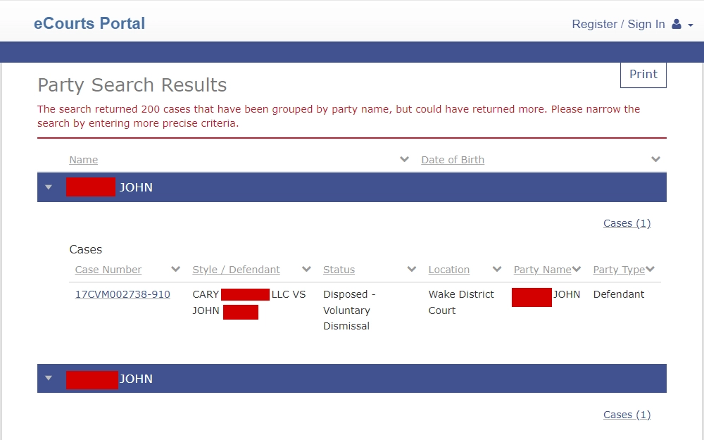 A screenshot of the party search results on the North Carolina Judicial Branch website shows the detailed offender's case information, with an option to print.