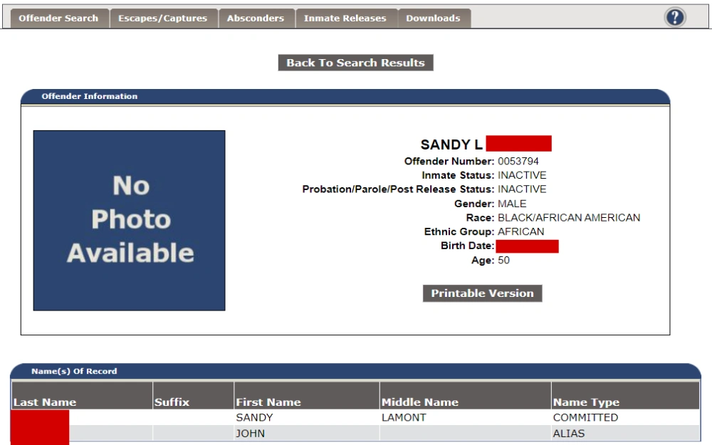 A screenshot of an offender's information from the North Carolina Department of Adult Correction includes the offender's name, offender number, status, gender, race, BOD and age, along with her mugshot, if available.