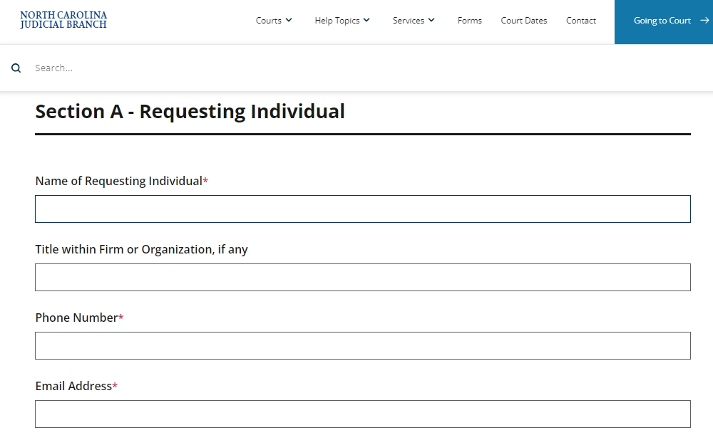 A screenshot of the Online Court Document Request page on the North Carolina Judicial Branch website shows the required information (denoted by "*") that the requesters must fill out, which includes name, phone number and email address.