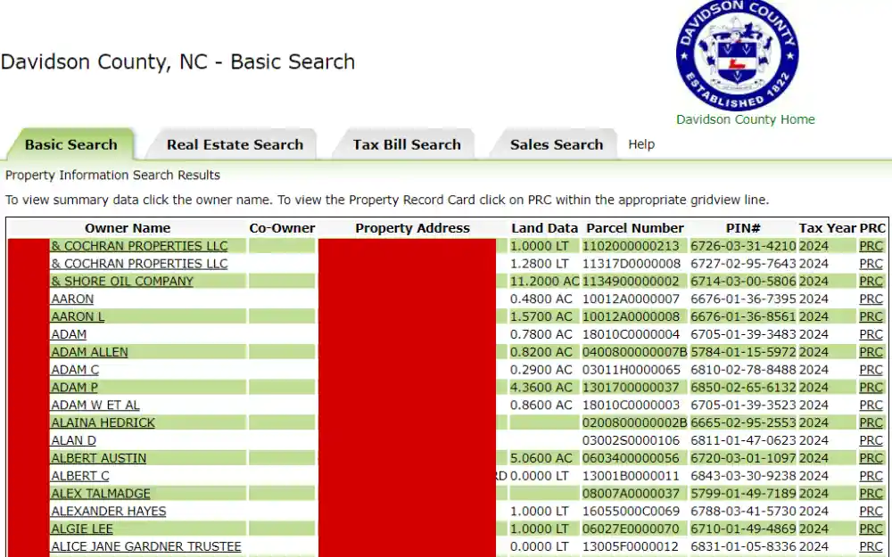 A screenshot of the list of properties on the Davidson County Tax Office page from the result of a basic search displays information such as owner name, co-owner (if applicable), property address, land data, parcel number, PIN #, Tax Year and PRC. 