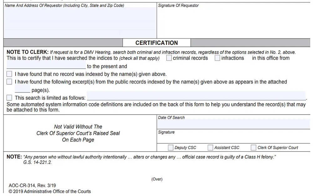 A screenshot from the North Carolina Judicial Branch website displays the criminal record search form that requires name, address (including city, state and zip code), the requestor's signature, checkboxes for certification, and the search date.