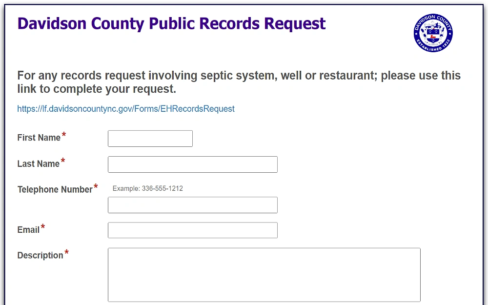 A screenshot of a public record request from the Davidson County government showing the necessary details to be filled in, such as the first name, last name, telephone number, email address and description.