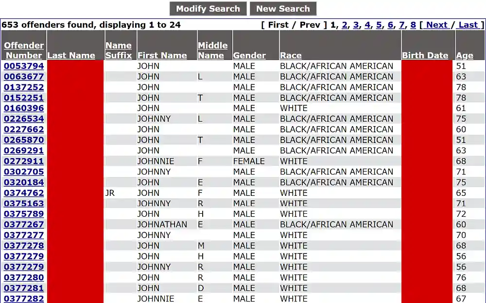 A screenshot of the offender search results from the North Carolina Department Of Adult Correction website lists details such as the last, first and middle name, suffix, offender number, middle name, gender, race, birth date and age.