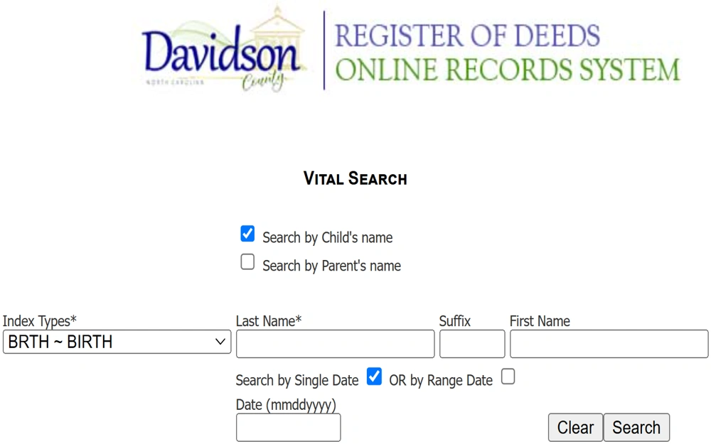 A screenshot of the search page to obtain a copy of marriage documents from the Davidson County Register of Deeds requires inputting the party name and date range; clear the search button at the bottom right corner.