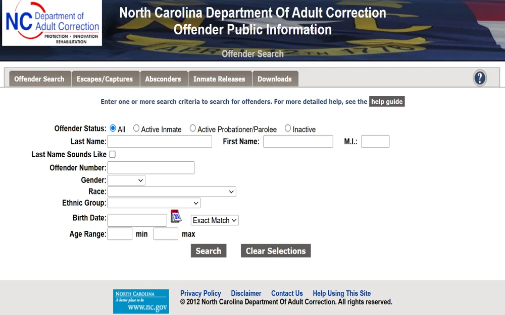 A screenshot of the Offender Search page on the North Carolina Department of Adult Correction's website displays the information (fields) needed to search, including full name, offender number, gender, race, BOD, etc.; searchers can complete all fields for a more precise search.