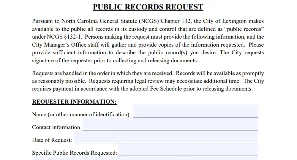 A screenshot of a sample police public records request form from the City of Lexington, North Carolina, with the following needed information: the requester's name, contact information, date of request, specific public records requested, and more.