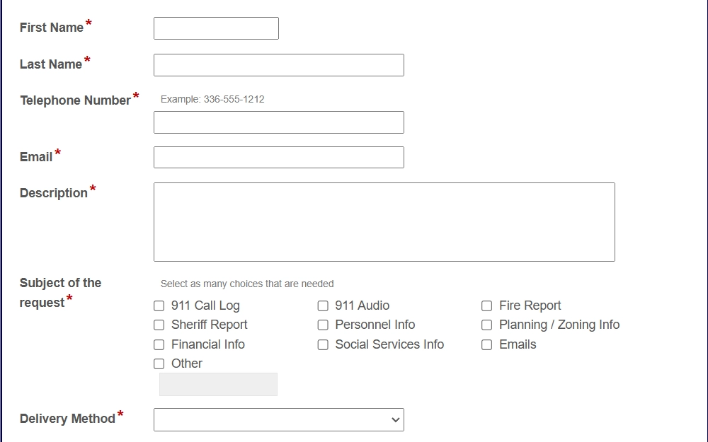 A screenshot of the Davidson County Sheriff's Office's public records request form requiring the following information to process the request: first/last name, telephone number, email, description, subject of the request, delivery method, and more.