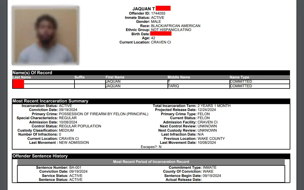 A screenshot of a sample inmate details provided by the North Carolina Department of Adult Correction, showing the offender's mugshot, full name, offender ID, inmate status, gender, race, ethnic group, birth date, age, current location, name(s) of record, most recent incarceration summary, offender sentence history, etc.