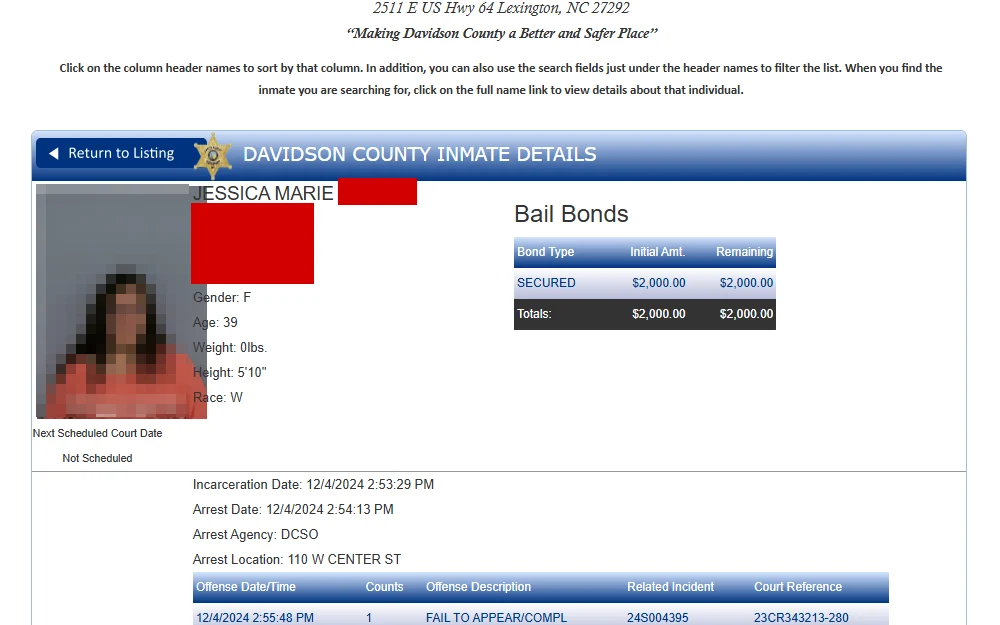 A screenshot of the sample inmate details obtained from a search done on Davidson County Sheriff's Office's online roster with the person's mugshot, full name, address, gender, age, weight, height, race, bail bonds, incarceration date, arrest date, arrest agency, arrest location, offense date/time/counts/description, related incident, court reference, etc.